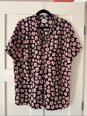CAbi Black Blouse with Pink and White Floral Print